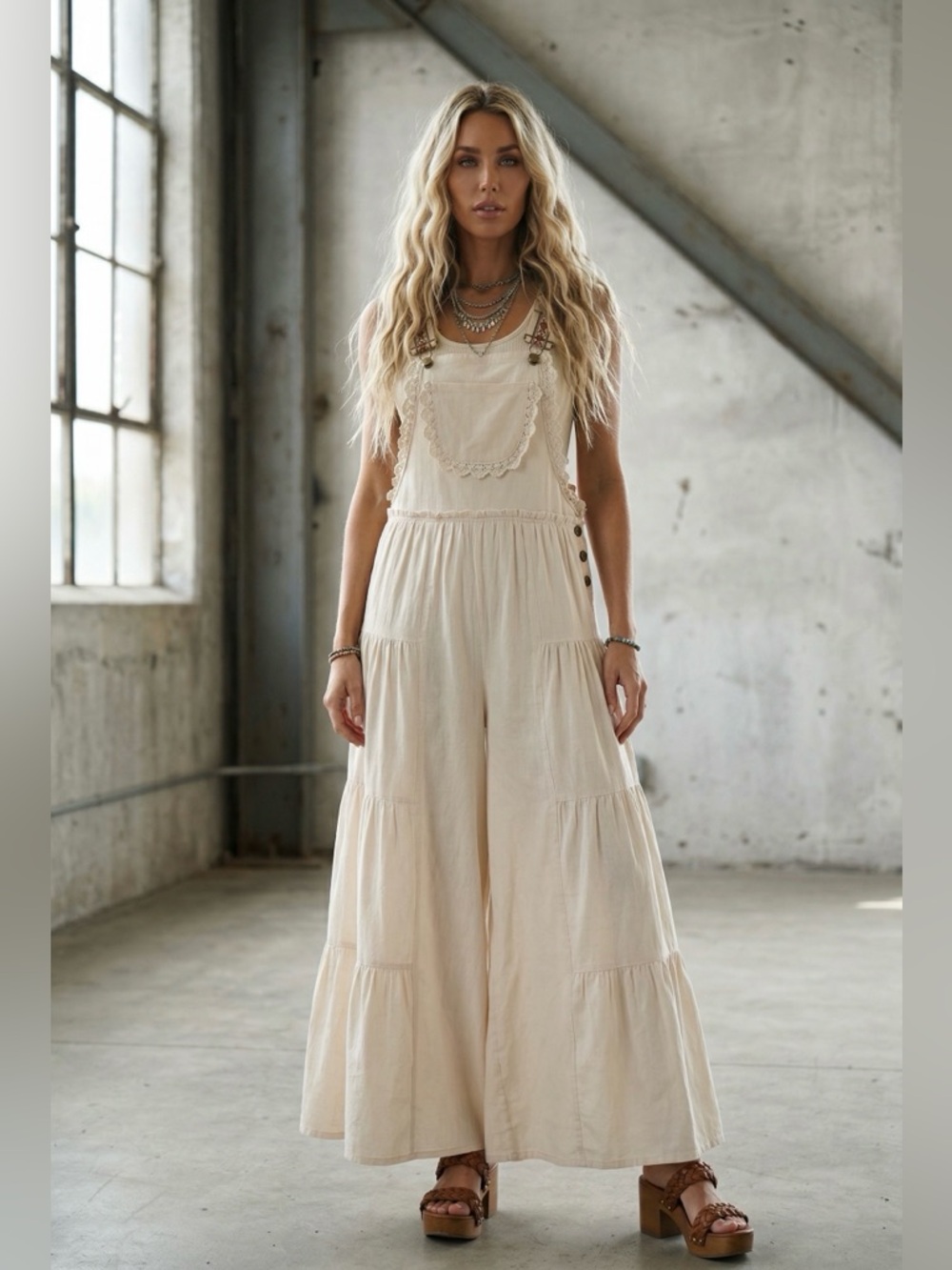 NWT Eesome Ruffle Tiered Boho Strap Festival Overalls Jumper Jumpsuit Ivory - Picture 2 of 5